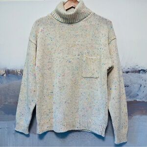 Vtg MAINFRAME Cowl Neck Sweater Women L Wool Blend Ivory Rainbow Confetti Raglan